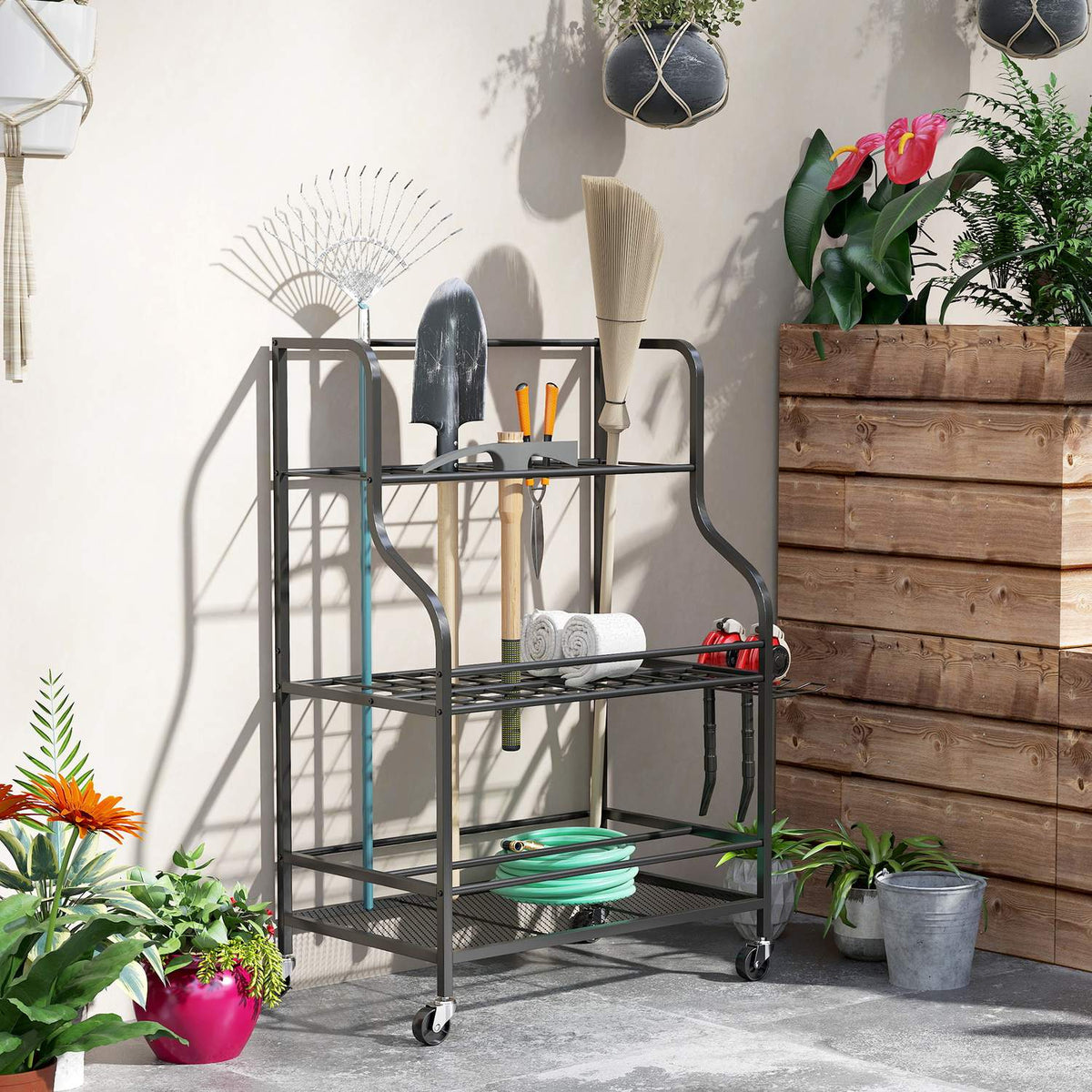 Garden tool organizer 3-tier garden tool stand with hooks garden tool stand up to 40 kg load device holder multi-purpose broom holder for garage, shed, 77x40x97cm black