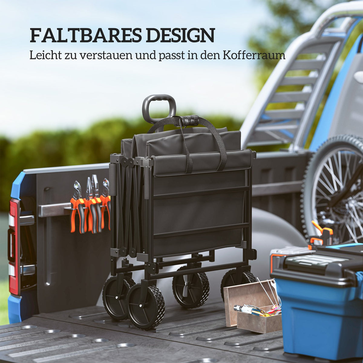 Garden trolley, 100 kg load capacity, foldable, extended transport trolley with removable tarpaulin, handle wheels, handcart, hand trolley, garden trolley, 160 liters, equipment trolley for home, garden, black