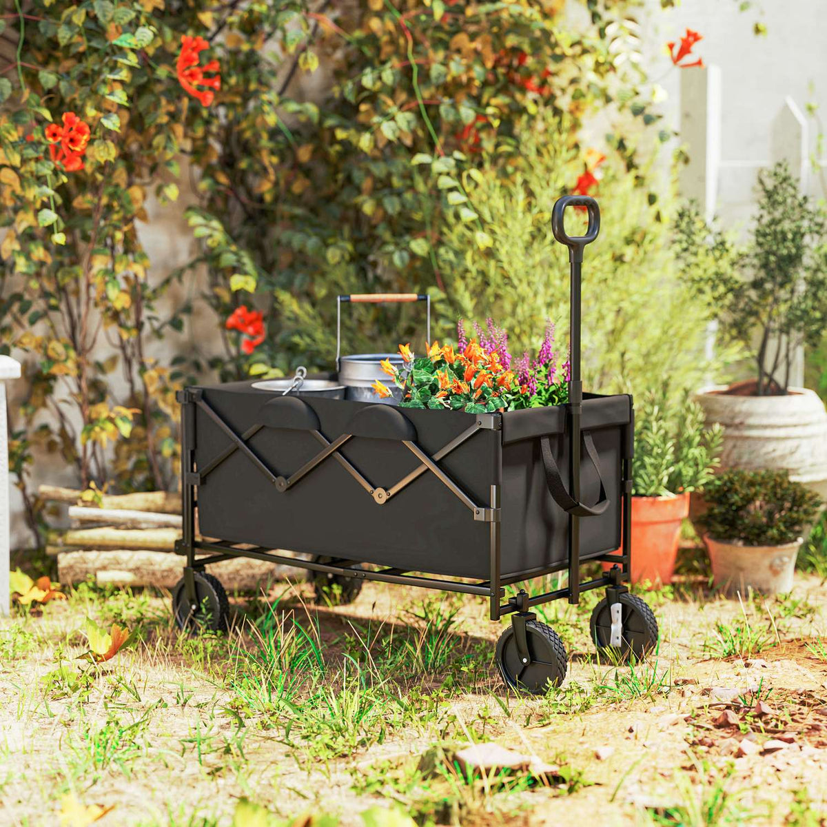 Garden trolley, 100 kg load capacity, foldable, extended transport trolley with removable tarpaulin, handle wheels, handcart, hand trolley, garden trolley, 160 liters, equipment trolley for home, garden, black