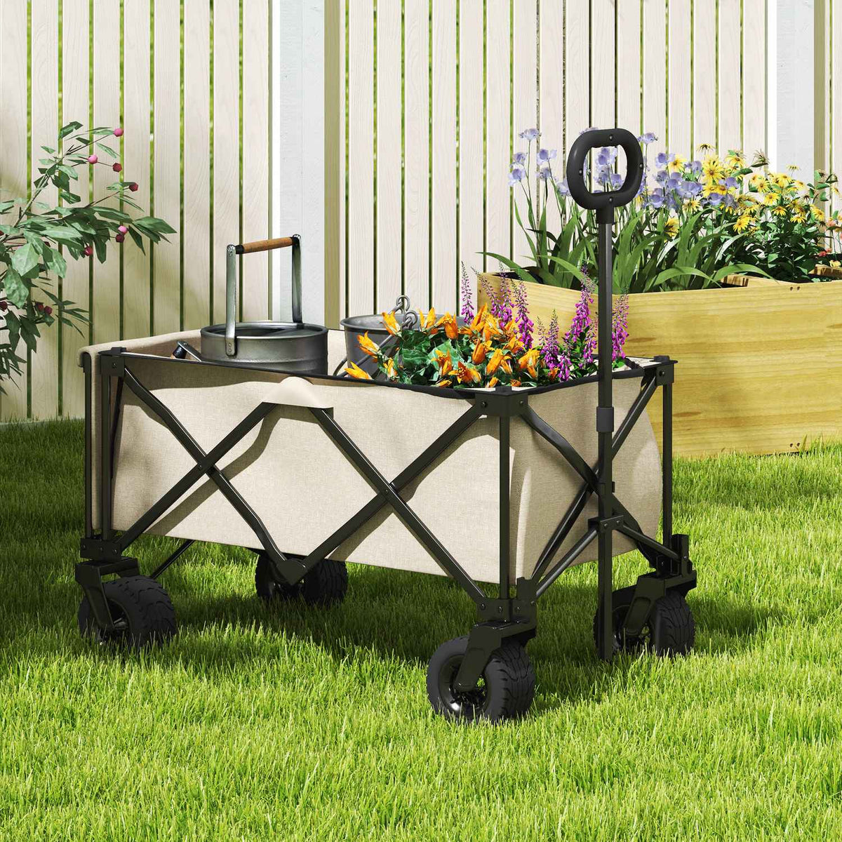 Garden trolley 100 kg load capacity, foldable transport trolley with removable tarpaulin, handle, wheels, handcart handcart garden trolley 138 liters, equipment trolley for home, garden beige