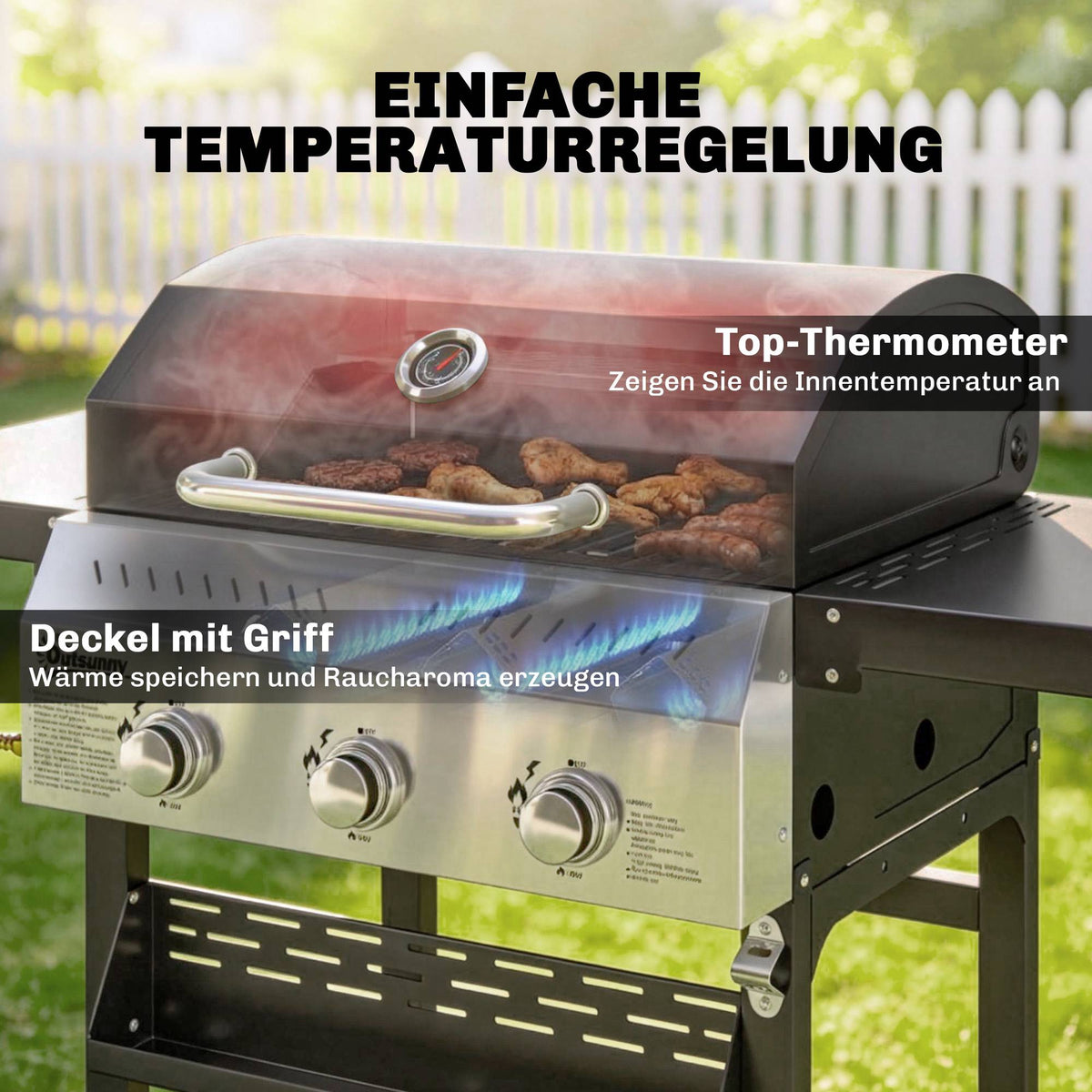 Gas Grill 9kW, 3 Burners, Stainless Steel, Foldable Shelves