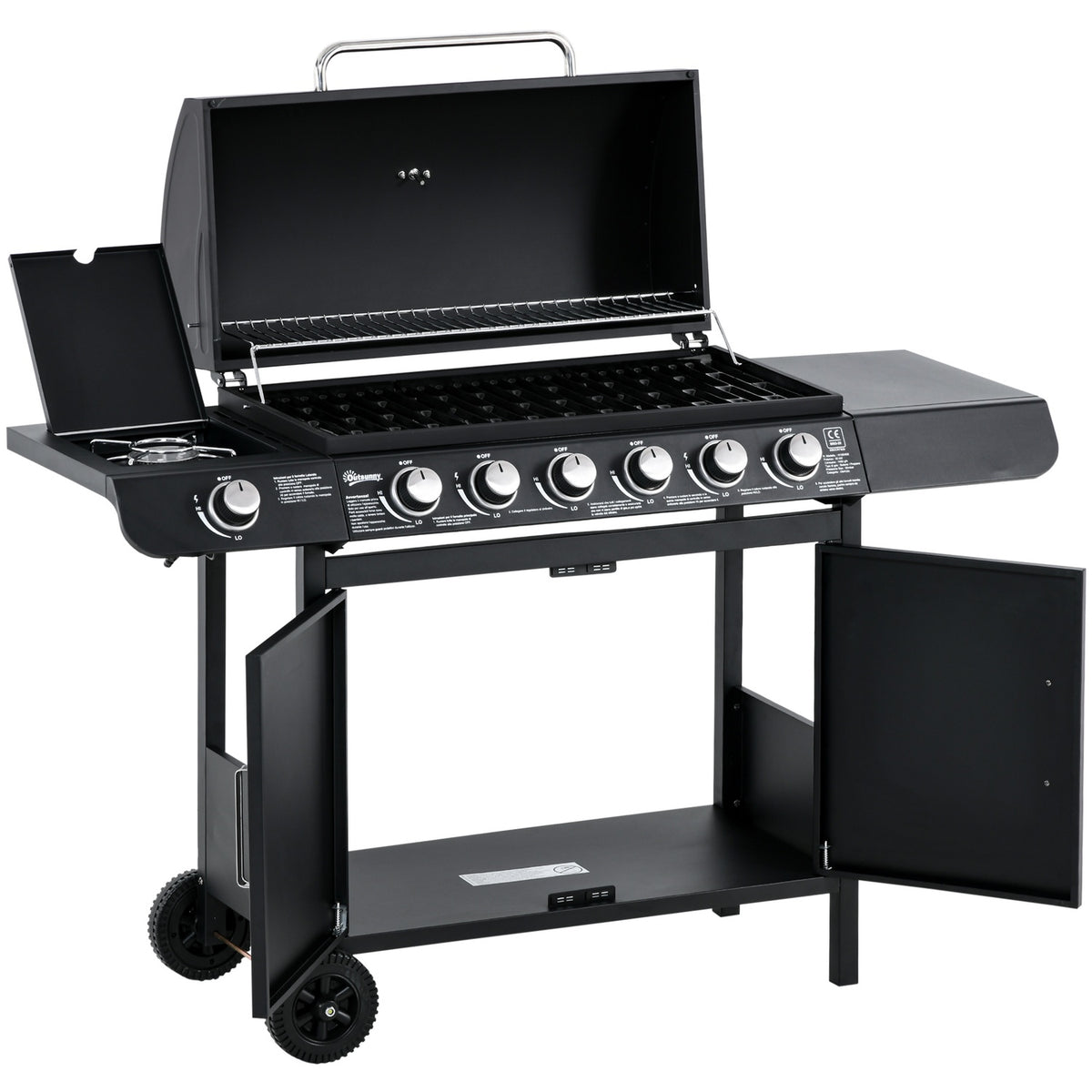 Gas Grill Bbq Grill Cart With 6 Burners 1 Side Burner Cabinet Multifunction Metal Black 135 X 50 X 100 Cm