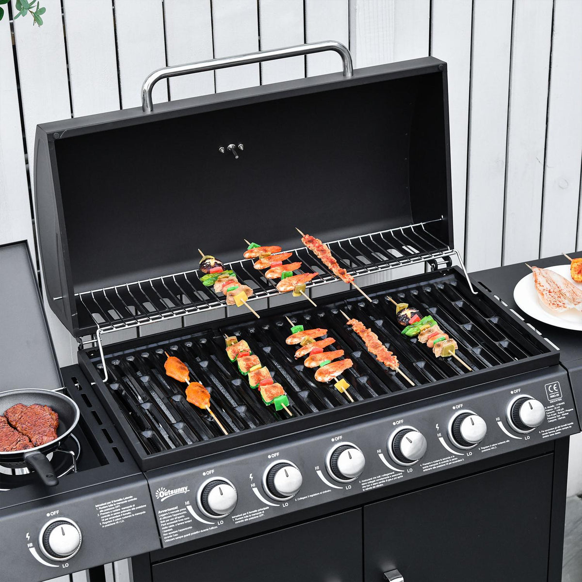 Gas Grill Bbq Grill Cart With 6 Burners 1 Side Burner Cabinet Multifunction Metal Black 135 X 50 X 100 Cm
