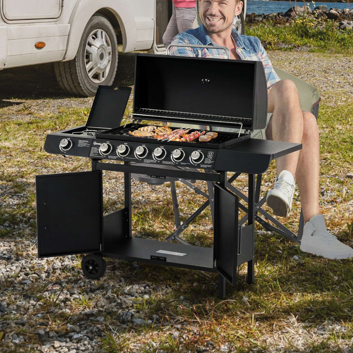 Gas Grill Bbq Grill Cart With 6 Burners 1 Side Burner Cabinet Multifunction Metal Black 135 X 50 X 100 Cm