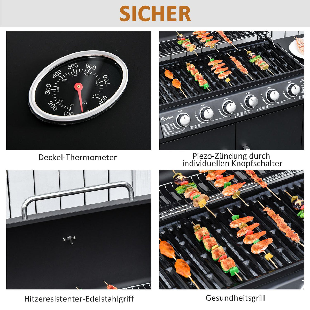 Gas Grill Bbq Grill Cart With 6 Burners 1 Side Burner Cabinet Multifunction Metal Black 135 X 50 X 100 Cm