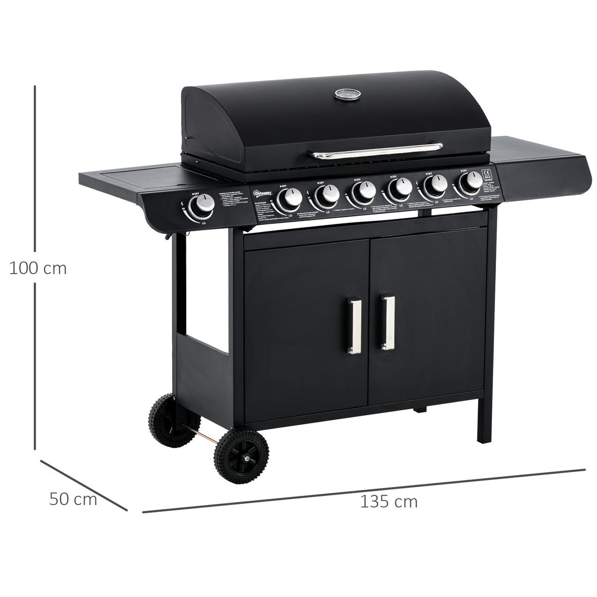 Gas Grill Bbq Grill Cart With 6 Burners 1 Side Burner Cabinet Multifunction Metal Black 135 X 50 X 100 Cm
