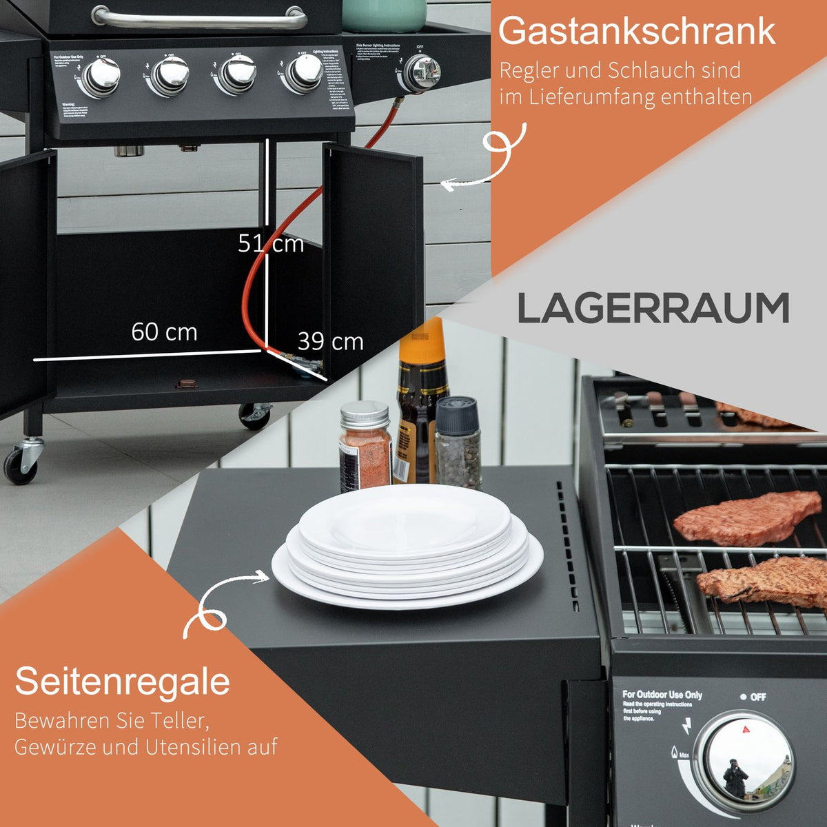 Gas Grill Bbq With 3 Burners 3 Kw Each Mobile Grill Cart With 4 Wheels Grill Net Side Tables Pressure Reducer Hoses 132.4Cm X 55Cm X 109Cm