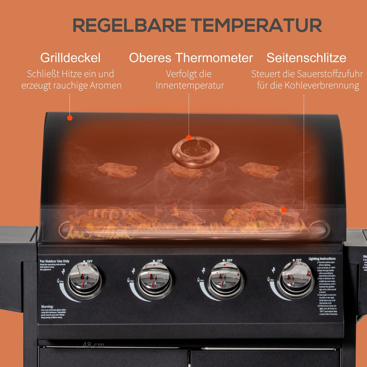 Gas Grill Bbq With 3 Burners 3 Kw Each Mobile Grill Cart With 4 Wheels Grill Net Side Tables Pressure Reducer Hoses 132.4Cm X 55Cm X 109Cm