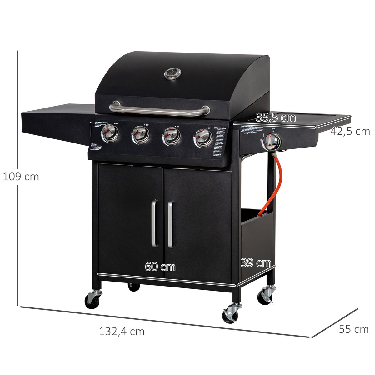 Gas Grill Bbq With 3 Burners 3 Kw Each Mobile Grill Cart With 4 Wheels Grill Net Side Tables Pressure Reducer Hoses 132.4Cm X 55Cm X 109Cm