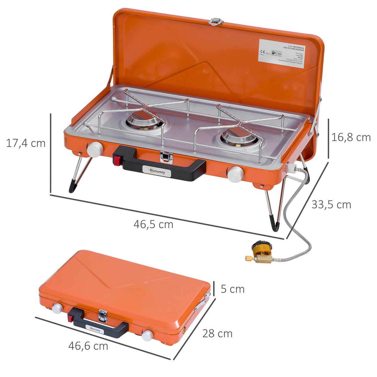 Gas Grill Table Grill Bbq 2 Burners Foldable Hose Regulator Stainless Steel Metal Orange 46.5X33.5X17.4Cm