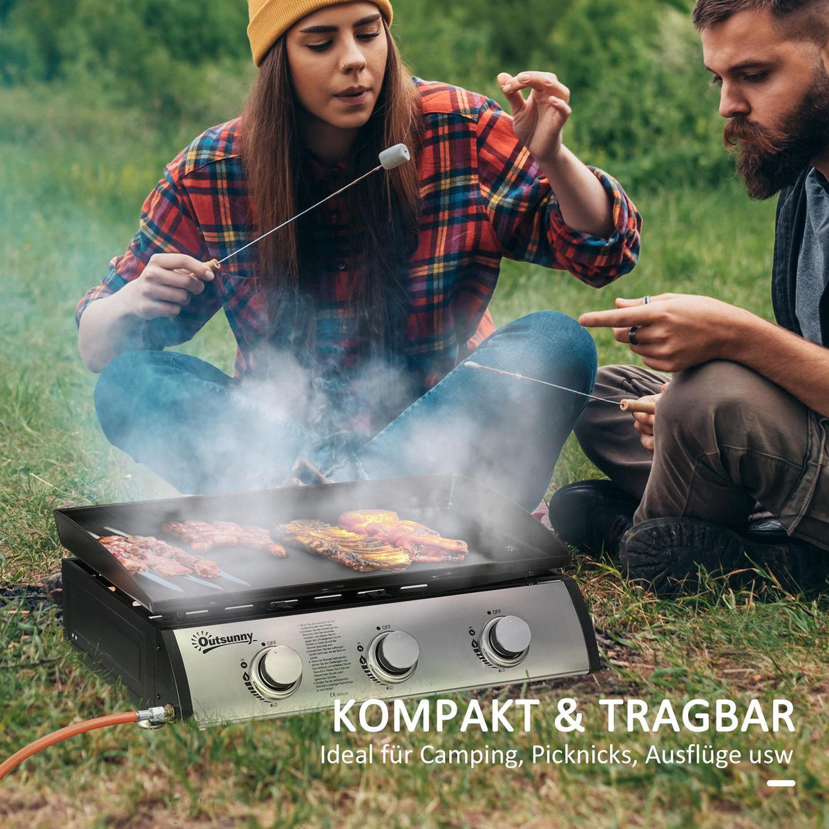 Gas Grill, Table Grill Bbq With 3 Burners, Table Gas Grill With Hose, Lid, Camping Grill For Garden, Stainless Steel, Metal, Black, 63 X 47 X 25 Cm