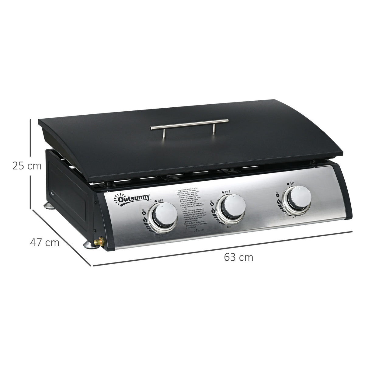 Gas Grill, Table Grill Bbq With 3 Burners, Table Gas Grill With Hose, Lid, Camping Grill For Garden, Stainless Steel, Metal, Black, 63 X 47 X 25 Cm
