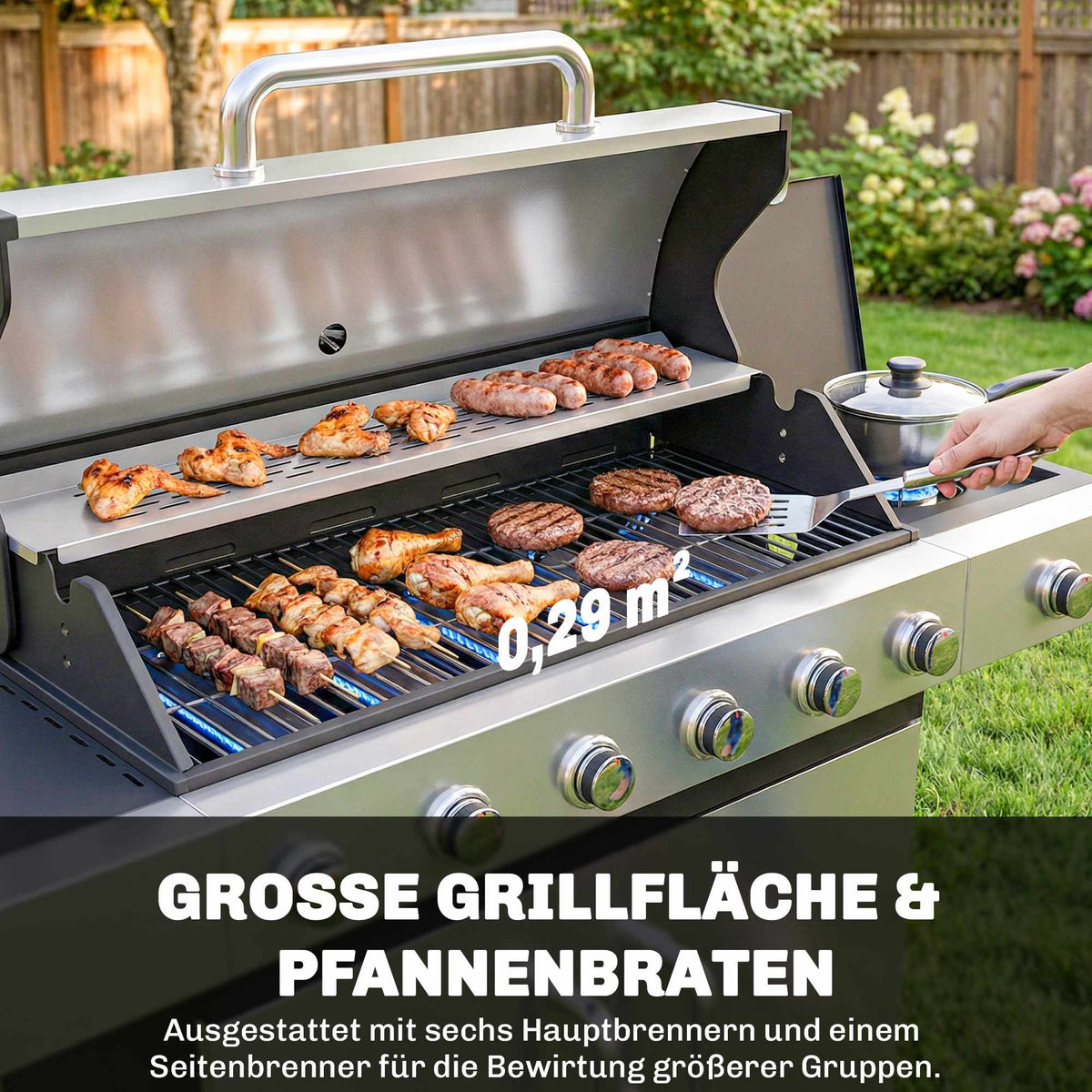 Gas Grill with 7 Burners, Stainless Steel, Large Cooking Area