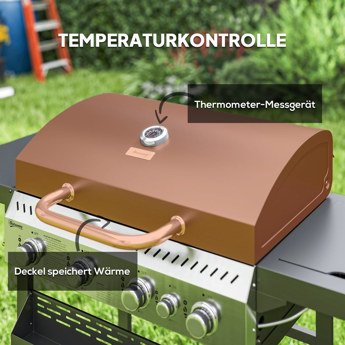 Gas grill 12 KW 4+1 burner BBQ grill cart made of stainless steel including side burner thermometer grill grate hob bottle opener side shelves gas grill for balcony camping 135 x 55 x 103cm |