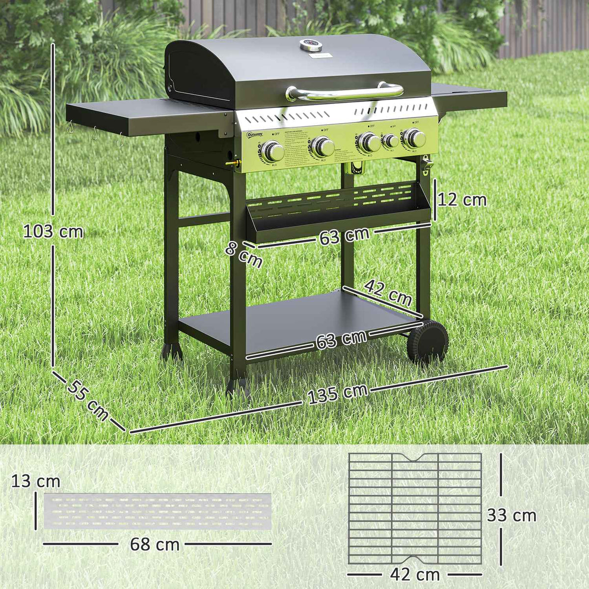 Gas grill 12 KW 4+1 burner BBQ grill cart made of stainless steel including side burner thermometer grill grate hob bottle opener side shelves gas grill for balcony camping 135 x 55 x 103cm |