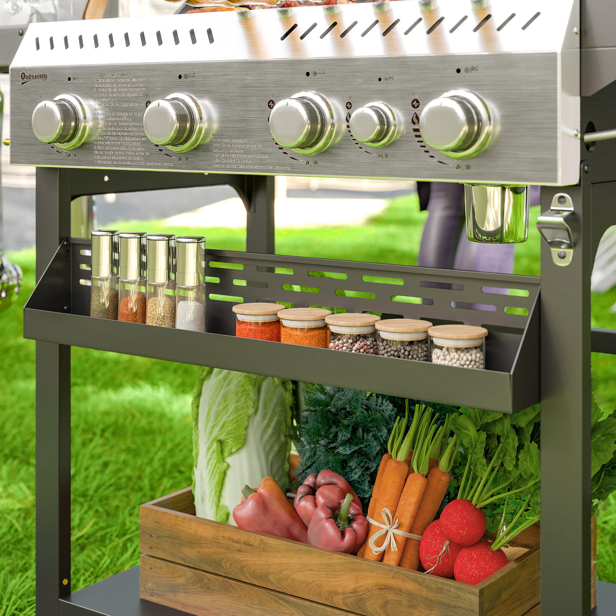 Gas grill 12 KW 4+1 burner BBQ grill cart made of stainless steel including side burner thermometer grill grate hob bottle opener side shelves gas grill for balcony camping 135 x 55 x 103cm |