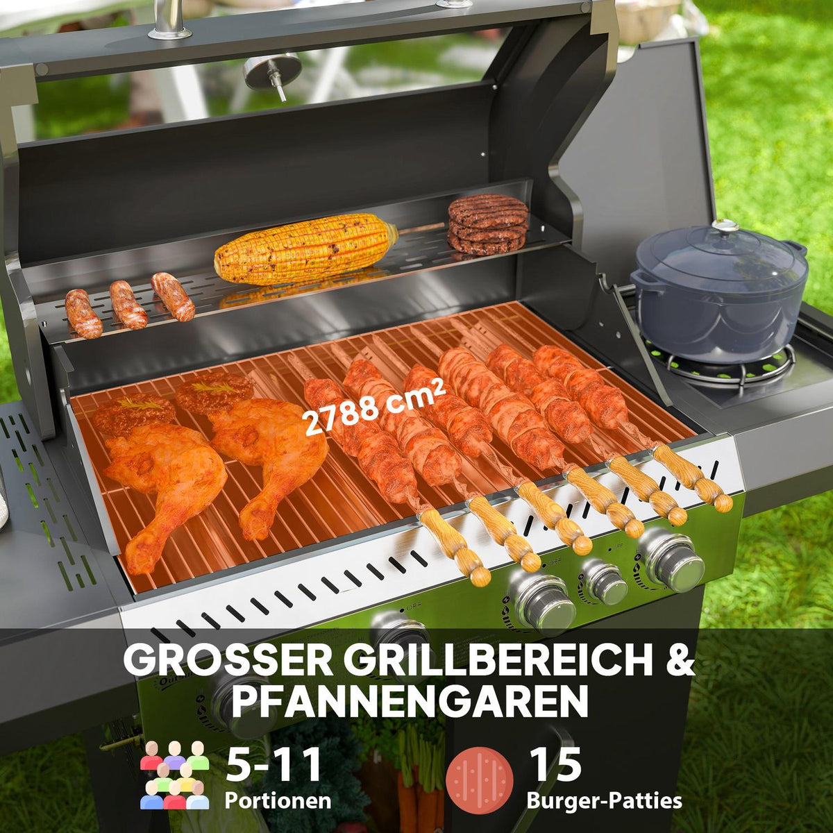 Gas grill 12 KW grill trolley including 5 burners side burner roll pressure reducer lid gas hose 2 heating zones thermometer side shelves, BBQ garden grill for balcony, grill 135 x 54 x 110 cm |