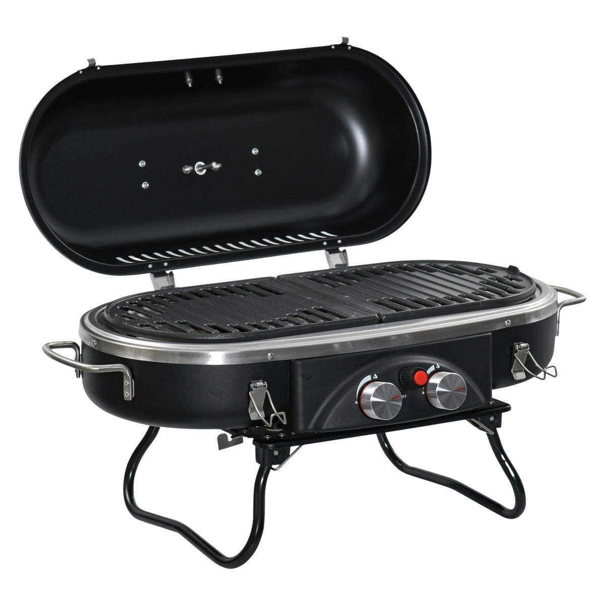 Gas grill 2.34 KW folding BBQ garden grill including 2 stainless steel burners, pressure reducer, gas hose, lid, thermometer, 2 heating zones, camping grill for balcony, 66 x 34.5 x 37 cm