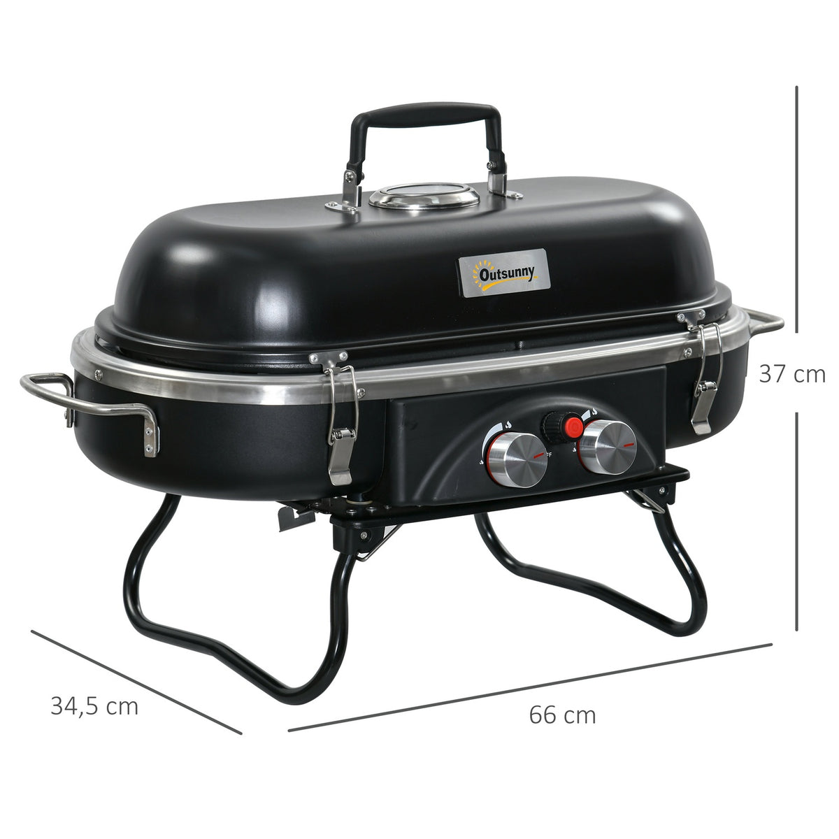 Gas grill 2.34 KW folding BBQ garden grill including 2 stainless steel burners, pressure reducer, gas hose, lid, thermometer, 2 heating zones, camping grill for balcony, 66 x 34.5 x 37 cm