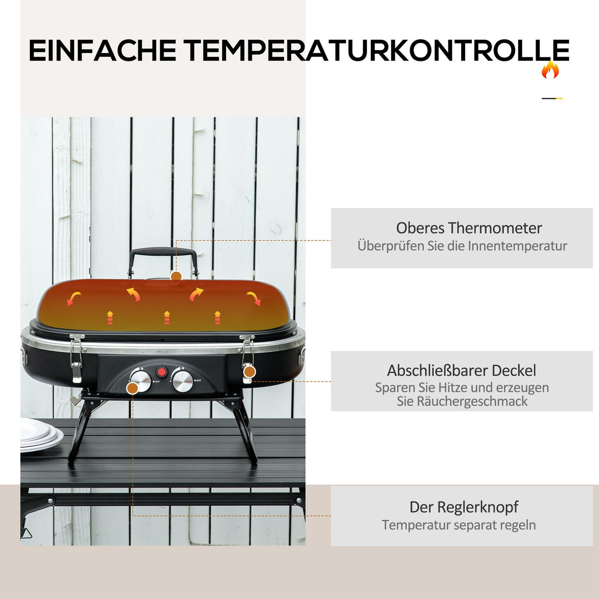 Gas grill 2.34 KW folding BBQ garden grill including 2 stainless steel burners, pressure reducer, gas hose, lid, thermometer, 2 heating zones, camping grill for balcony, 66 x 34.5 x 37 cm