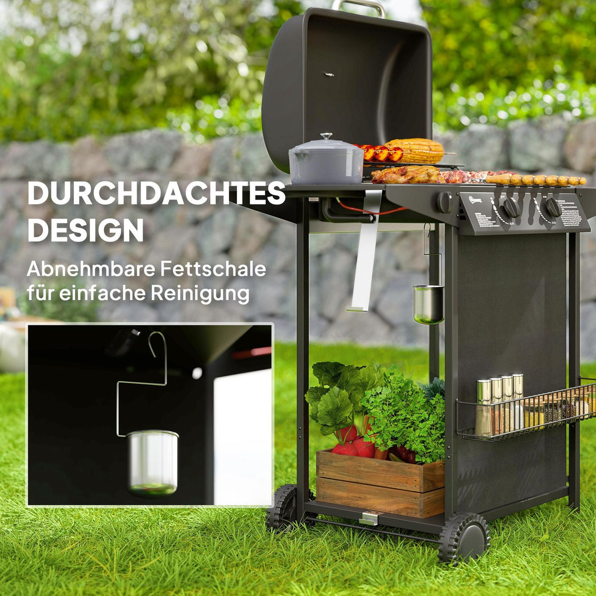 Gas grill 7 KW grill trolley including 3 burners side cooker roll pressure reducer lid gas hose 2 heating zones thermometer side shelves, BBQ garden grill for balcony, grill 107 x 54 x 96 cm |
