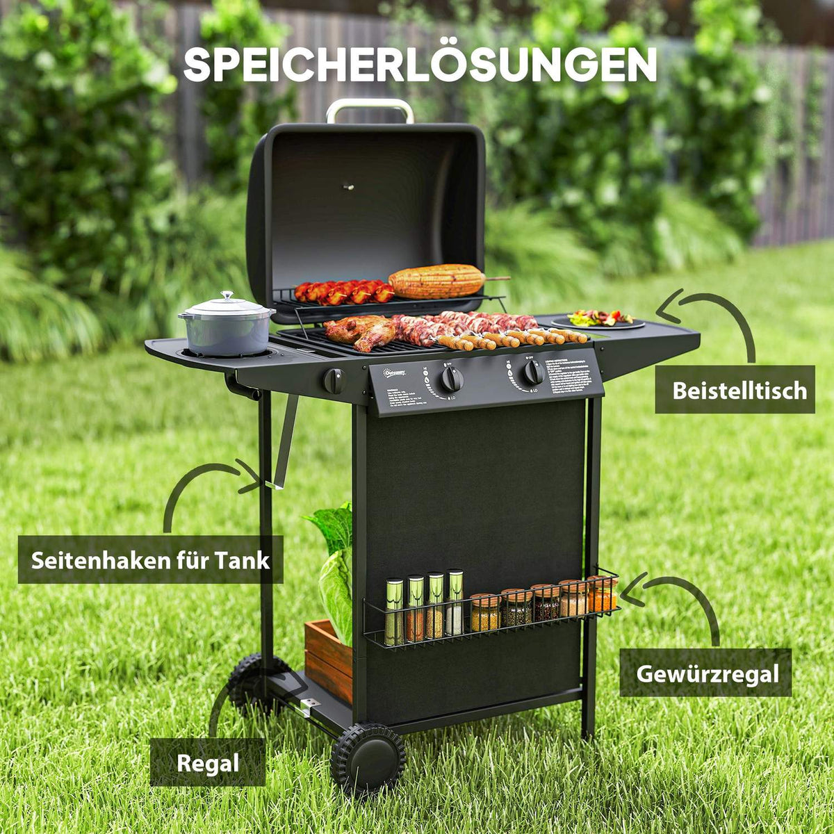 Gas grill 7 KW grill trolley including 3 burners side cooker roll pressure reducer lid gas hose 2 heating zones thermometer side shelves, BBQ garden grill for balcony, grill 107 x 54 x 96 cm |