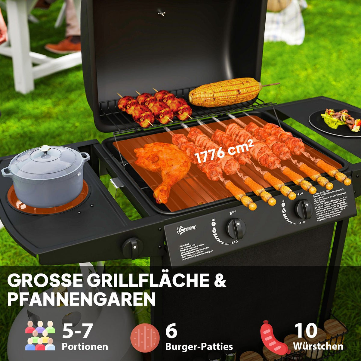 Gas grill 7 KW grill trolley including 3 burners side cooker roll pressure reducer lid gas hose 2 heating zones thermometer side shelves, BBQ garden grill for balcony, grill 107 x 54 x 96 cm |