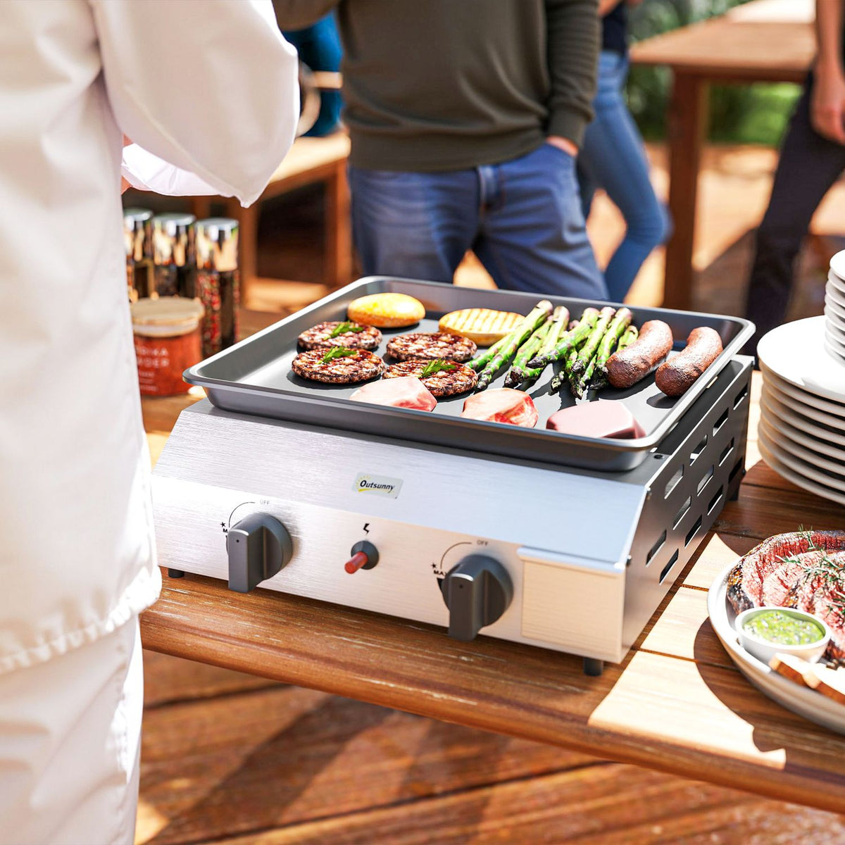Gas grill 8000BTU/2.4 KW grill cart including 2 stainless steel burners pressure reducer gas hose adjustable legs hot plate, BBQ garden grill for balcony, camping grill 44 x 44.5 x 19 cm