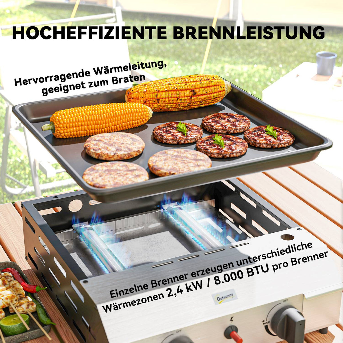 Gas grill 8000BTU/2.4 KW grill cart including 2 stainless steel burners pressure reducer gas hose adjustable legs hot plate, BBQ garden grill for balcony, camping grill 44 x 44.5 x 19 cm