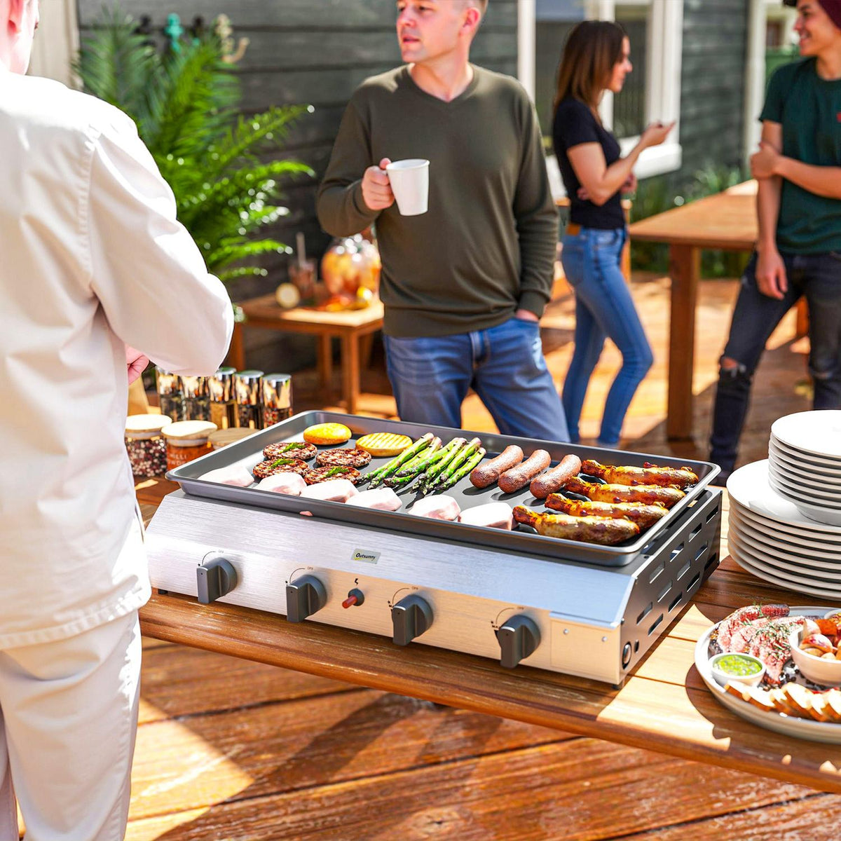 Gas grill 8000BTU/2.4 KW grill cart including 4 stainless steel burners pressure reducer gas hose adjustable legs hot plate, BBQ garden grill for balcony, camping grill 77 x 44.5 x 19 cm