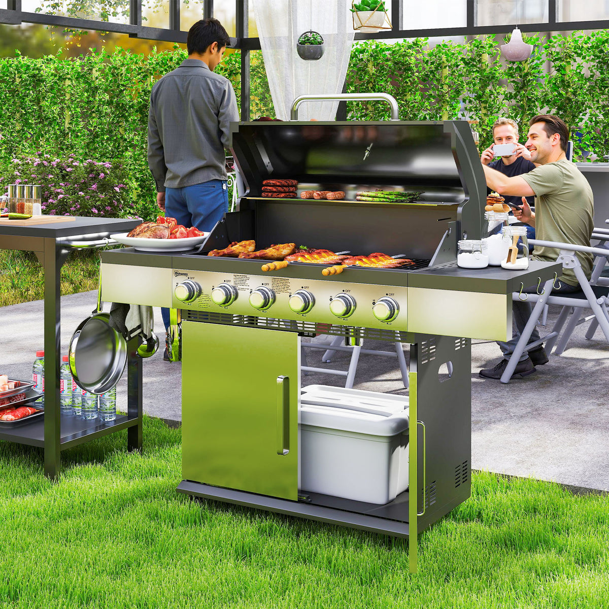 Gas grill 8500BTU grill cart including 6 stainless steel burners roll thermometer pressure reducer gas hose lid side shelves, BBQ garden grill for balcony, camping grill 141 x 55 x 110 cm |