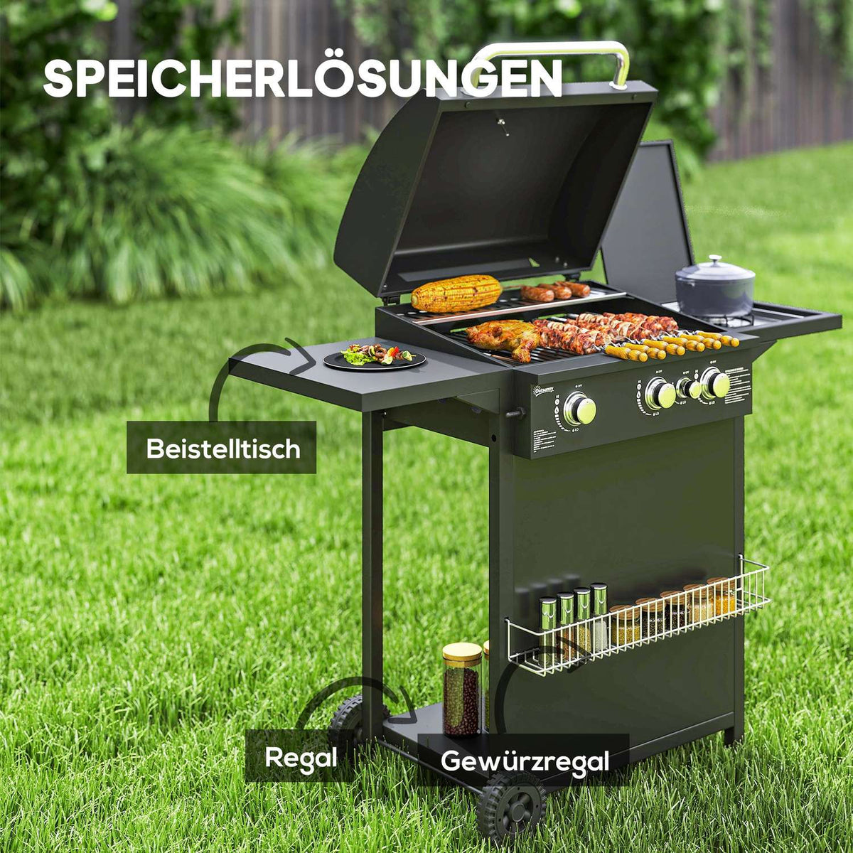 Gas grill 9.5 KW grill cart including 4 burners side cooker roll pressure reducer gas hose lid 2 heating zones thermometer side shelves, BBQ garden grill for balcony, grill 123x57x98 cm |