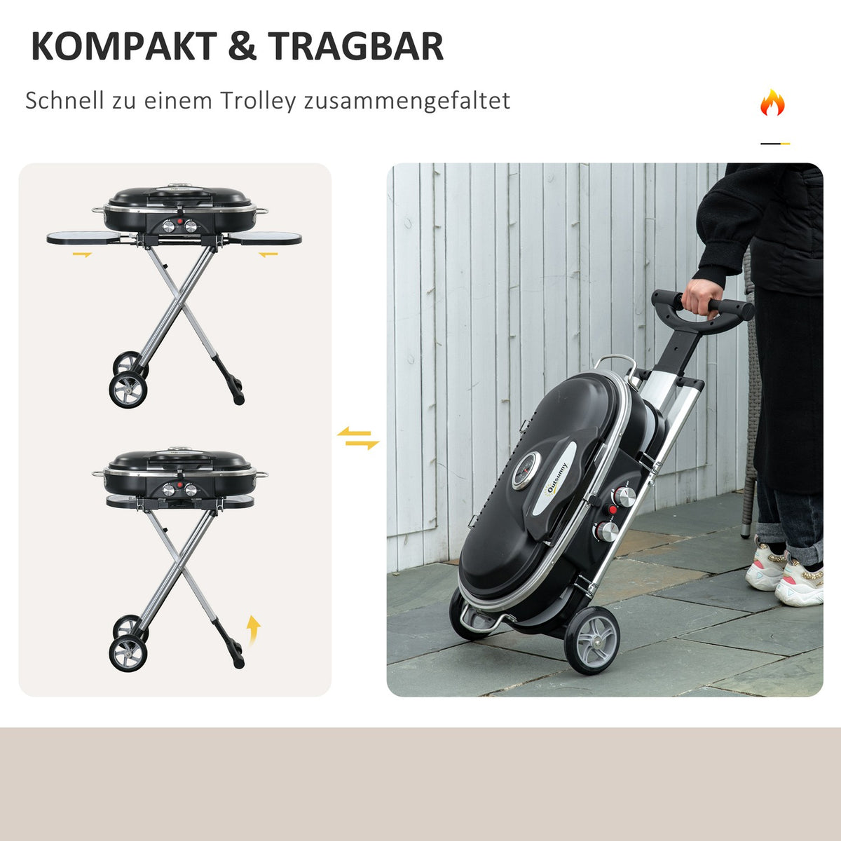 Gas grill BBQ grill cart foldable with 2 burners and grill net, stainless steel black silver, side shelf with wheels, 2.34 kW, 100x41.6x82.5cm