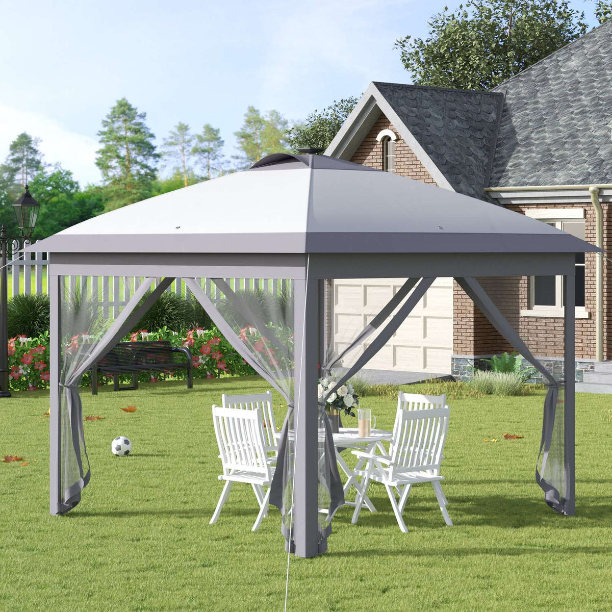 Gazebo 3.3X3.3M Folding Gazebo Led Usb Pop-Up Mesh Side Walls Sun Protection Bag Oxford Gray