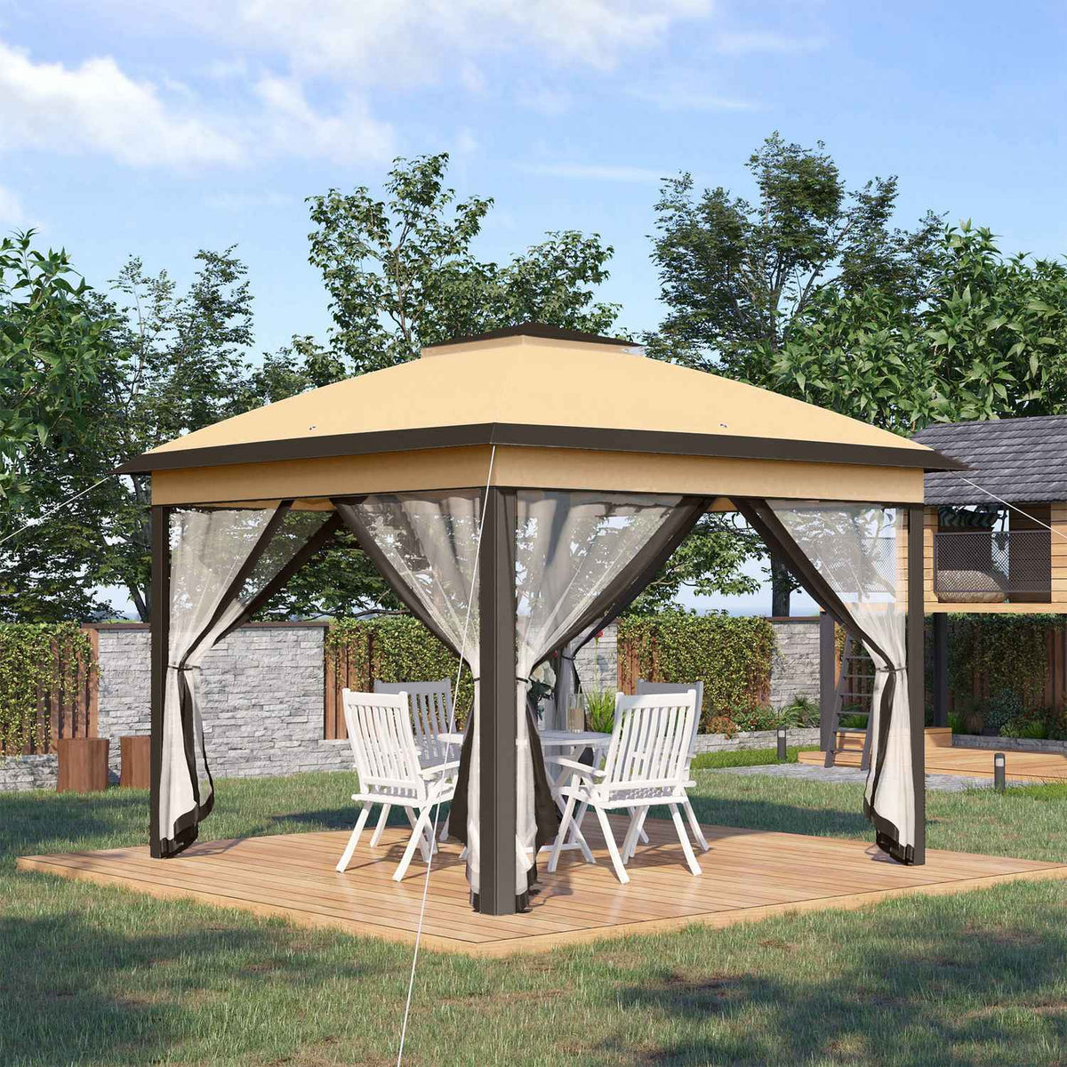 Gazebo 3.3 x 3.3 m, water-repellent winter-proof pop-up folding gazebo with double roof, UV protection, foldable party tent garden tent with side panels, bag garden gazebo for camping garden, beige