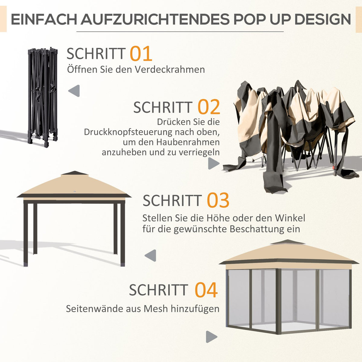Gazebo 3.3 x 3.3 m, water-repellent winter-proof pop-up folding gazebo with double roof, UV protection, foldable party tent garden tent with side panels, bag garden gazebo for camping garden, beige