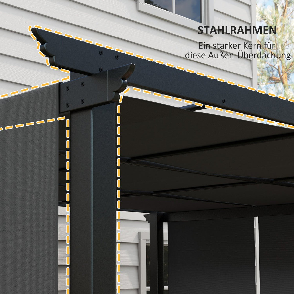 Gazebo 3.5x3m pergola with side wall, patio roof, dark gray, weatherproof for garden & terrace
