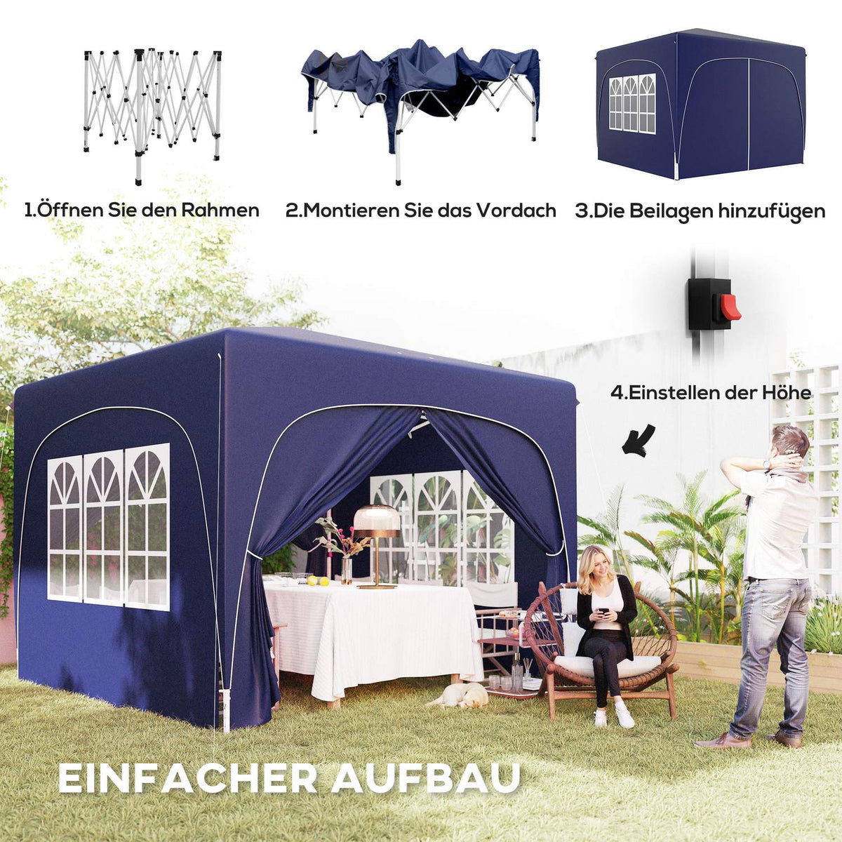 Gazebo 3x3m, water-repellent, stable, winter-proof pop-up folding gazebo, UV protection 50+, foldable party tent, garden tent with 4 side panels, pocket garden gazebo for camping, garden, dark blue