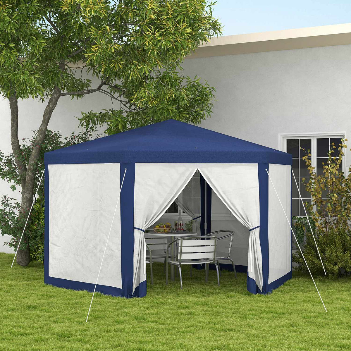Gazebo 4x3m Hexagonal Water-Repellent Stable Winterproof Pavilion with Mosquito Net Party Tent Garden Tent with 6 Side Panels Garden Pavilion for Camping Garden Blue