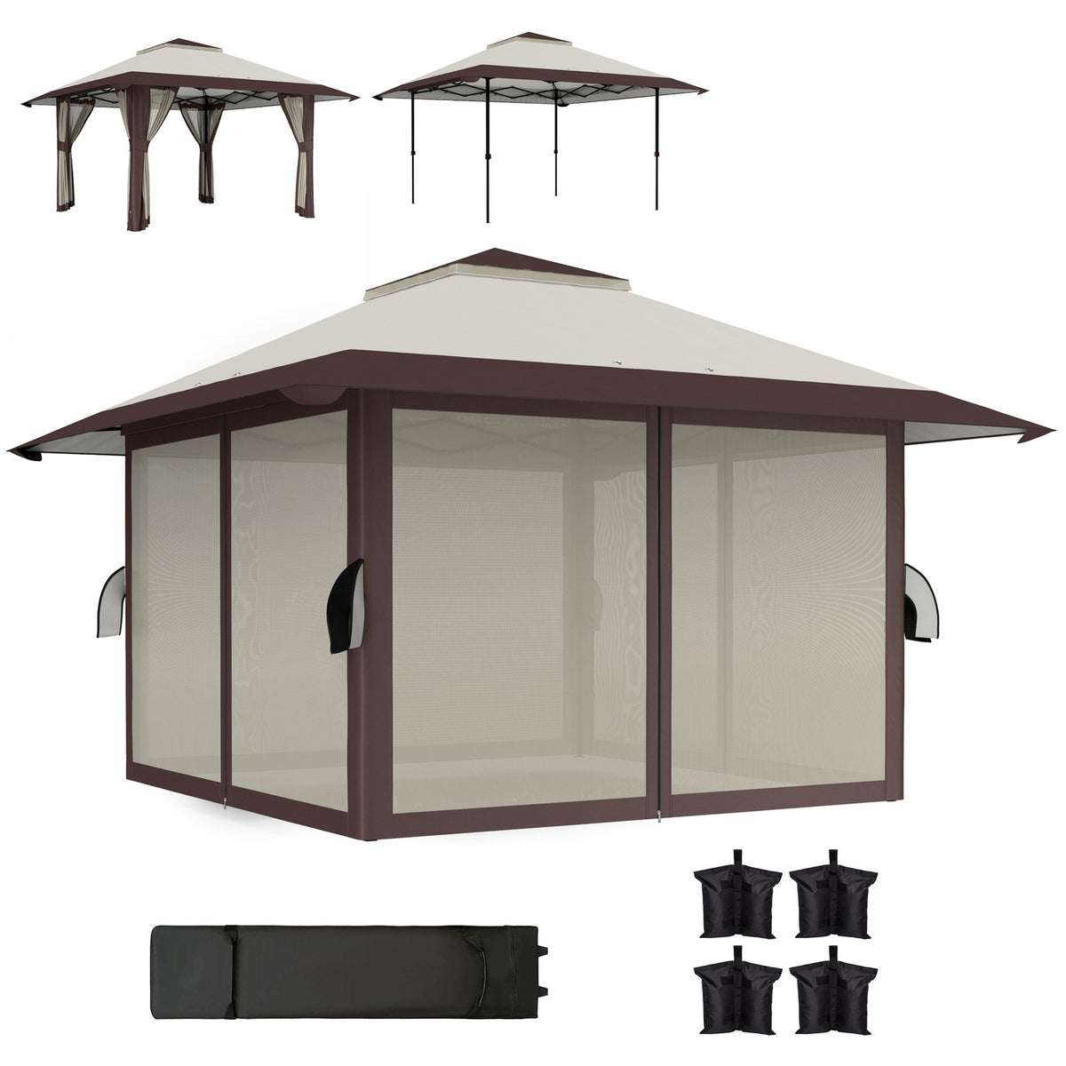 Gazebo 4x4m Waterproof Height Adjustable Pop-up Folding Gazebo with Mesh Walls UV 50+ Foldable Party Tent Garden Tent with Carry Bag Sandbags Garden Gazebo for Camping Garden Festival, Beige