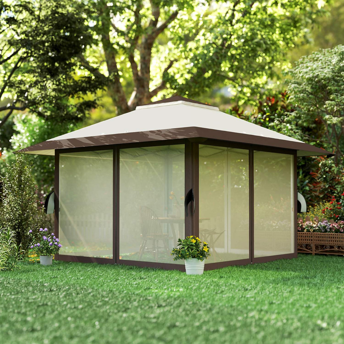 Gazebo 4x4m Waterproof Height Adjustable Pop-up Folding Gazebo with Mesh Walls UV 50+ Foldable Party Tent Garden Tent with Carry Bag Sandbags Garden Gazebo for Camping Garden Festival, Beige