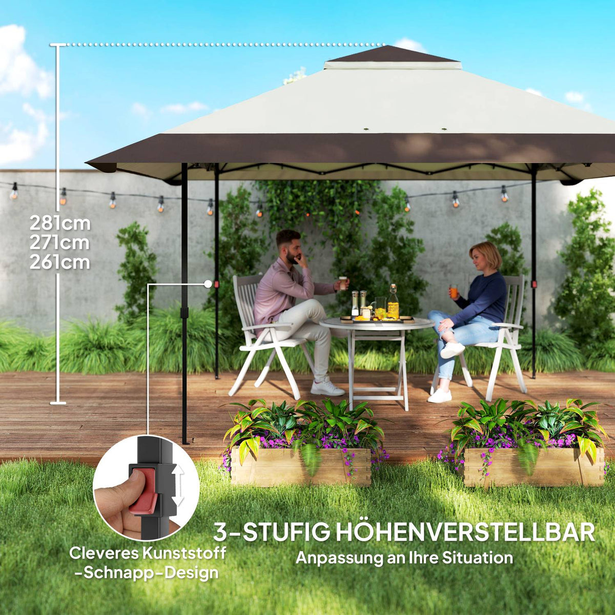 Gazebo 4x4m Waterproof Height Adjustable Pop-up Folding Gazebo with Mesh Walls UV 50+ Foldable Party Tent Garden Tent with Carry Bag Sandbags Garden Gazebo for Camping Garden Festival, Beige