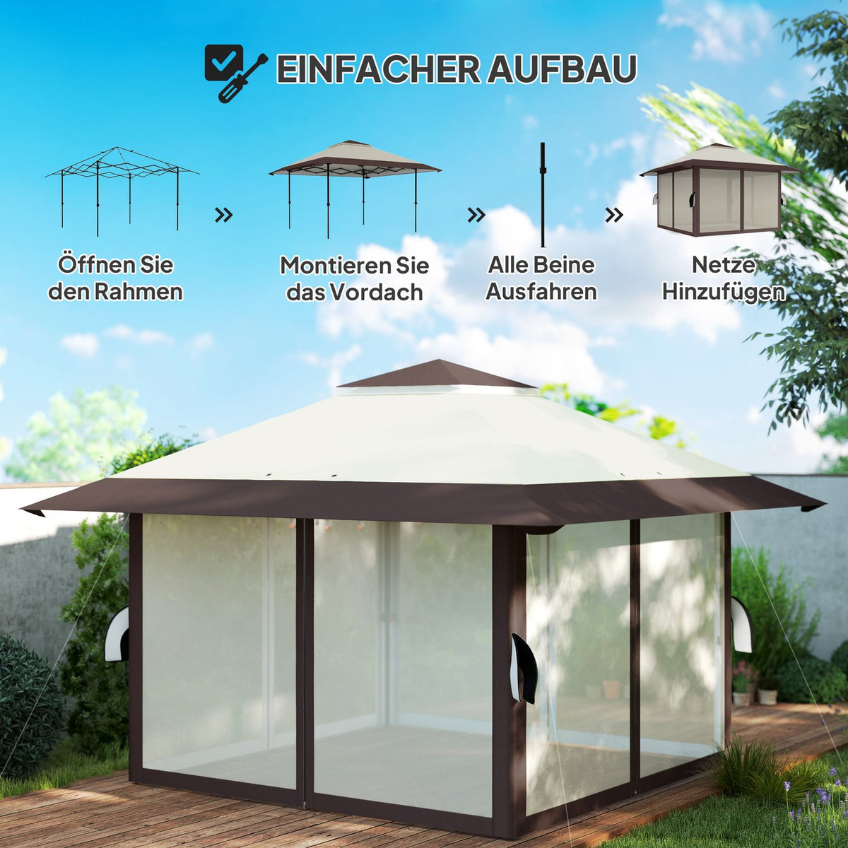 Gazebo 4x4m Waterproof Height Adjustable Pop-up Folding Gazebo with Mesh Walls UV 50+ Foldable Party Tent Garden Tent with Carry Bag Sandbags Garden Gazebo for Camping Garden Festival, Beige