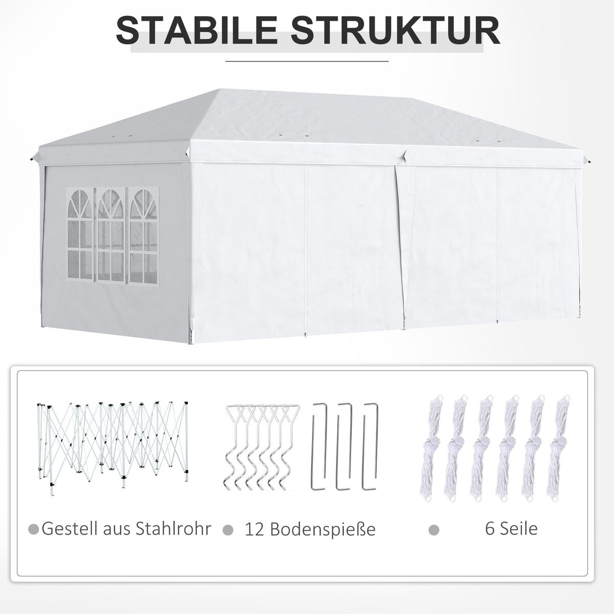 Gazebo 5.85 x 2.95 m garden pavilion foldable with UV protection, party tent incl. side walls & windows, zip doors, steel white