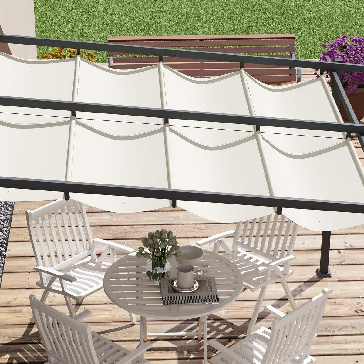 Gazebo Approx. 3 X 3 M Pergola Windproof Patio Canopy, Patio Roof Wall Mounted, Adjustable Roof, For Garden, Patio, Cream