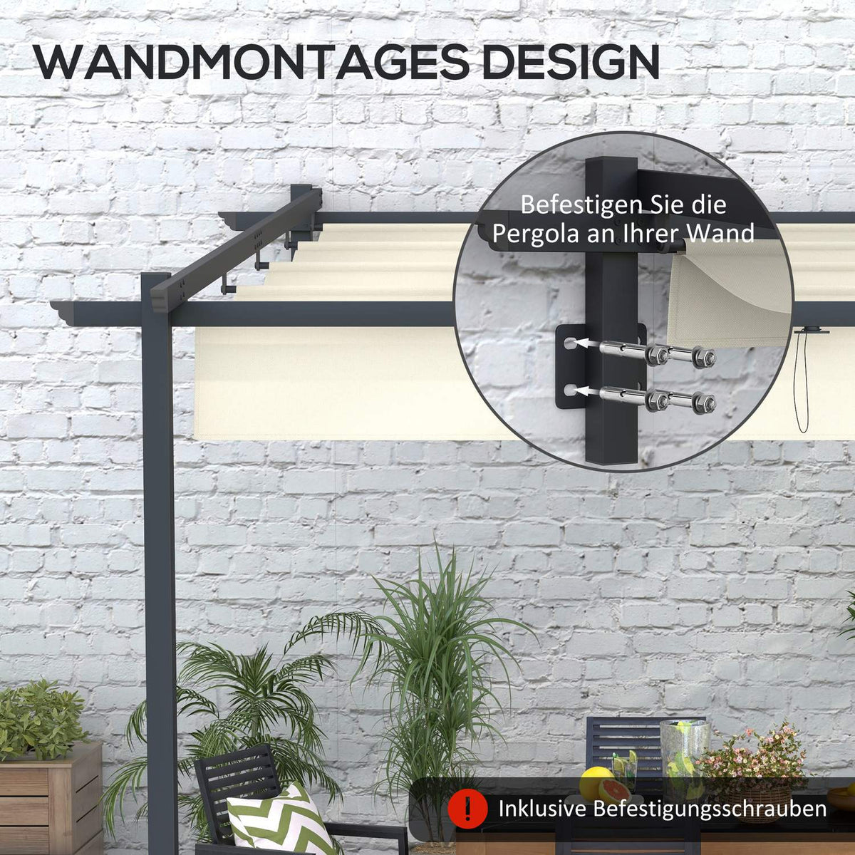 Gazebo Approx. 3 X 3 M Pergola Windproof Patio Canopy, Patio Roof Wall Mounted, Adjustable Roof, For Garden, Patio, Cream