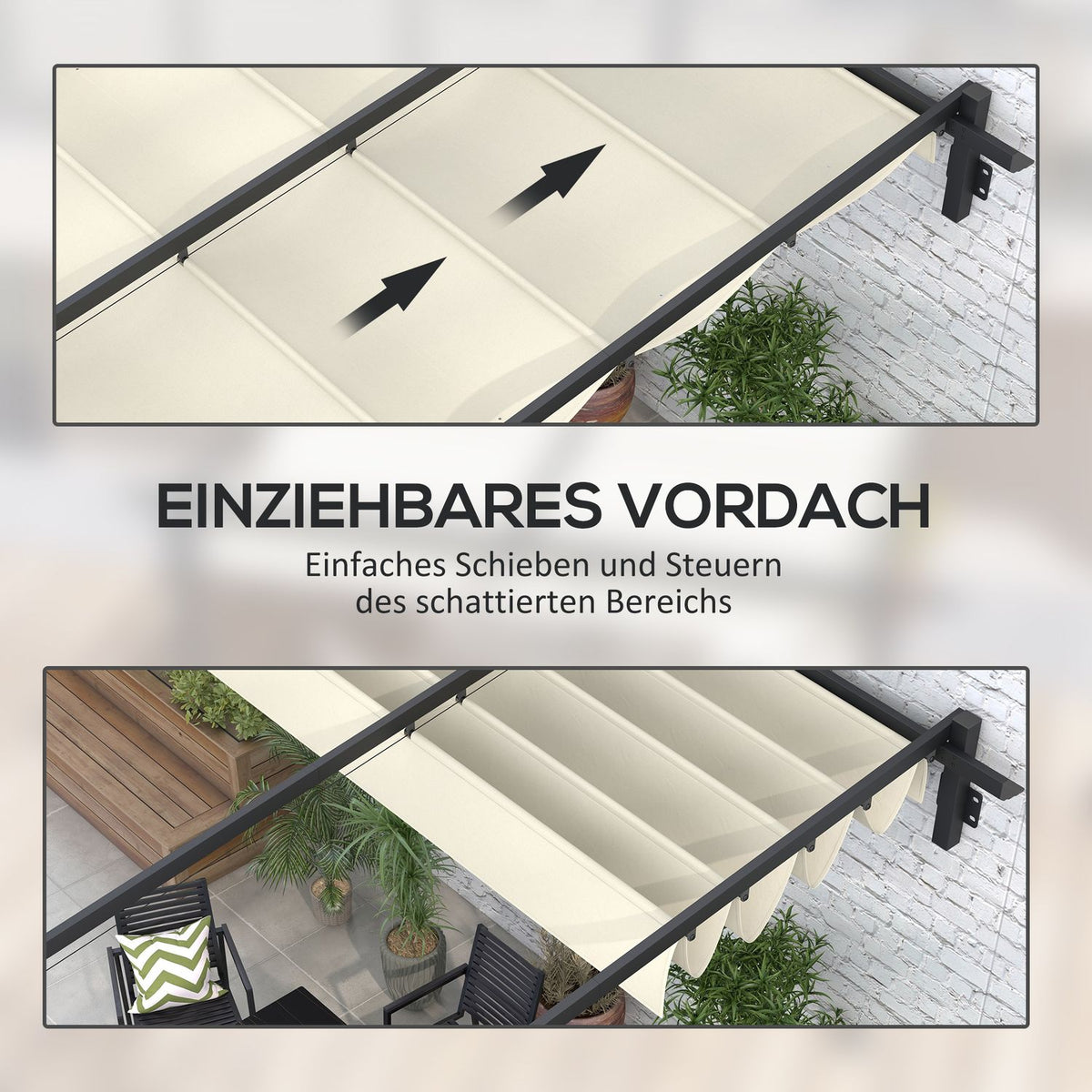Gazebo Approx. 3 X 3 M Pergola Windproof Patio Canopy, Patio Roof Wall Mounted, Adjustable Roof, For Garden, Patio, Cream