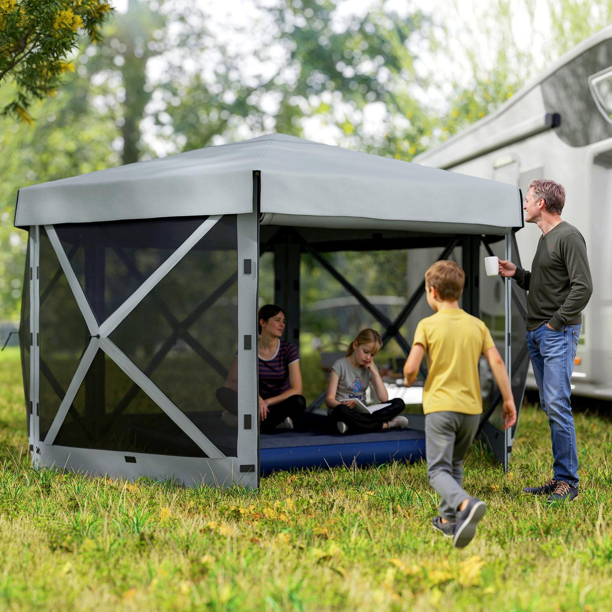Gazebo Hexagonal Approx. 3.6x3m Waterproof Pop-up Folding Gazebo with 5 Side Panels Pocket Foldable Party Tent UV 30+ Winterproof Garden Tent Garden Gazebo for Camping Garden Festival Light Gray