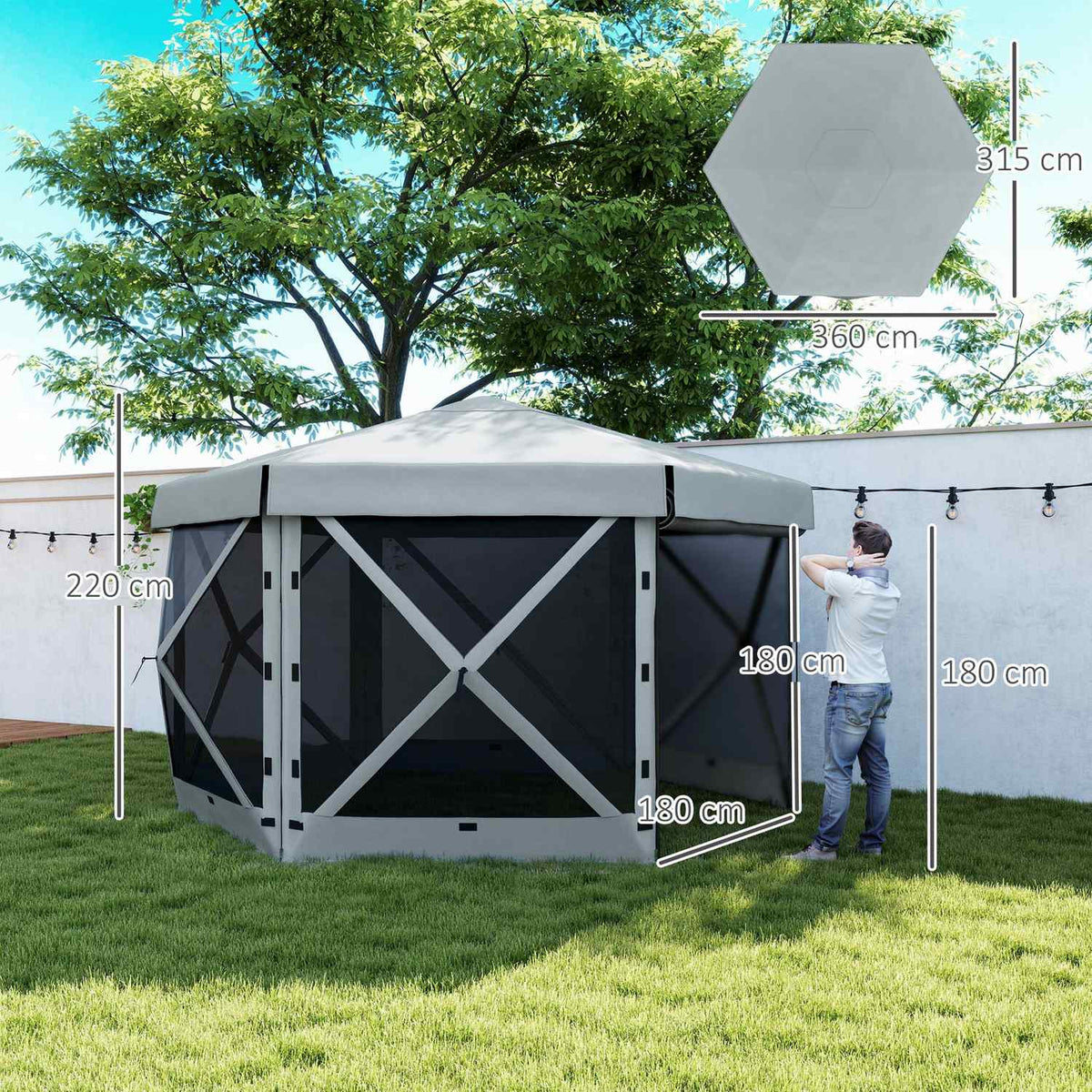 Gazebo Hexagonal Approx. 3.6x3m Waterproof Pop-up Folding Gazebo with 5 Side Panels Pocket Foldable Party Tent UV 30+ Winterproof Garden Tent Garden Gazebo for Camping Garden Festival Light Gray