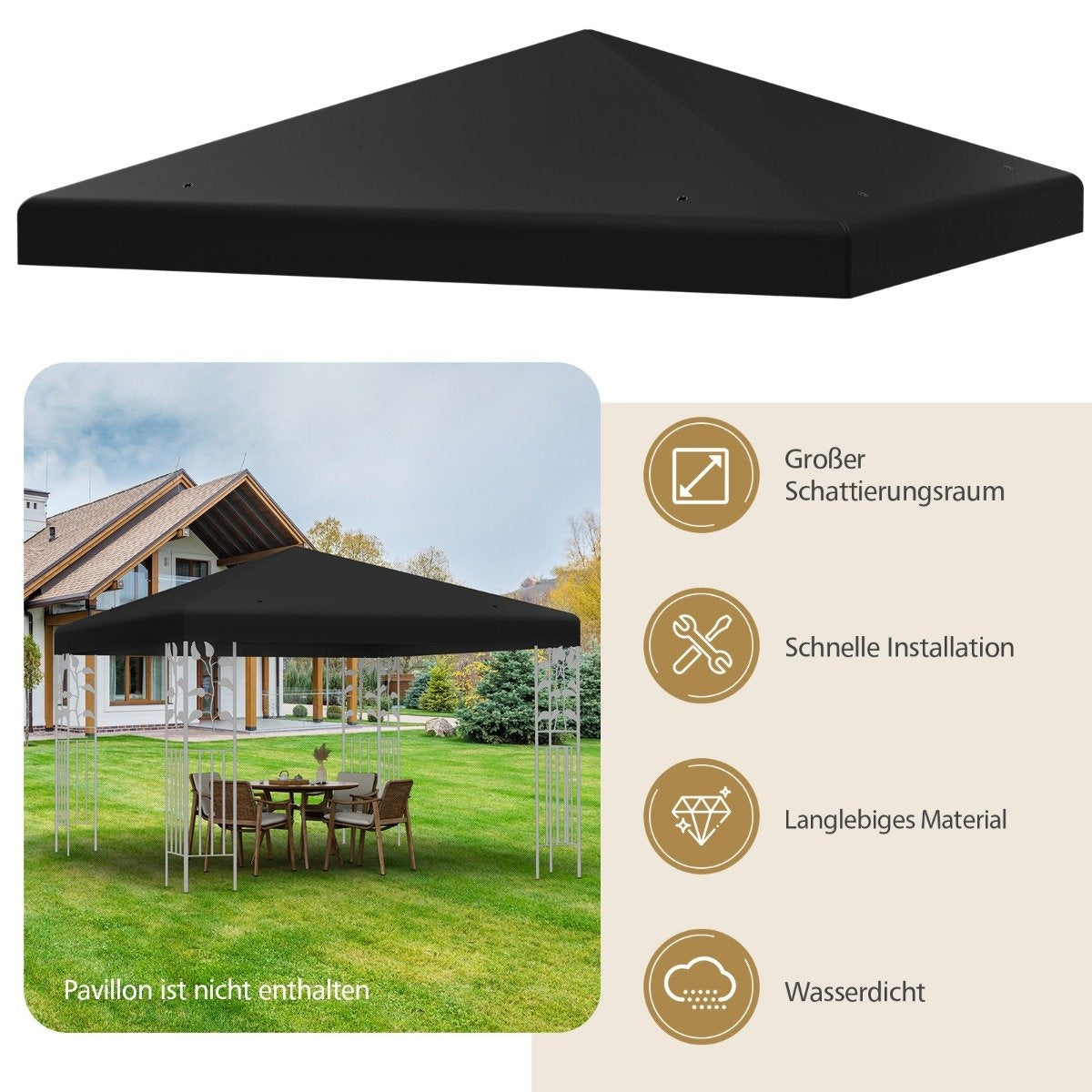 Gazebo Replacement Canopy, 300x300 cm, Black, Waterproof